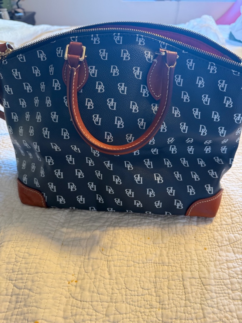 Dooney & Bourke Navy Blue Logo Satchel with Brown Leather Trim - Picture 4 of 4